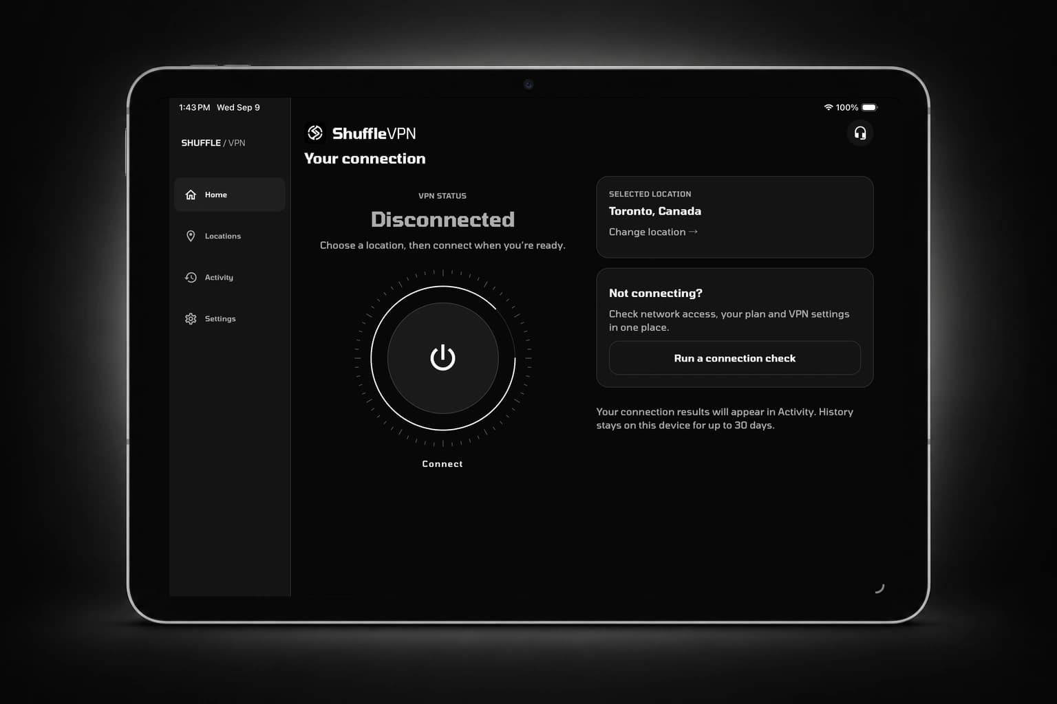 ShuffleVPN iPad app: connection dial, selected location and connection checks
